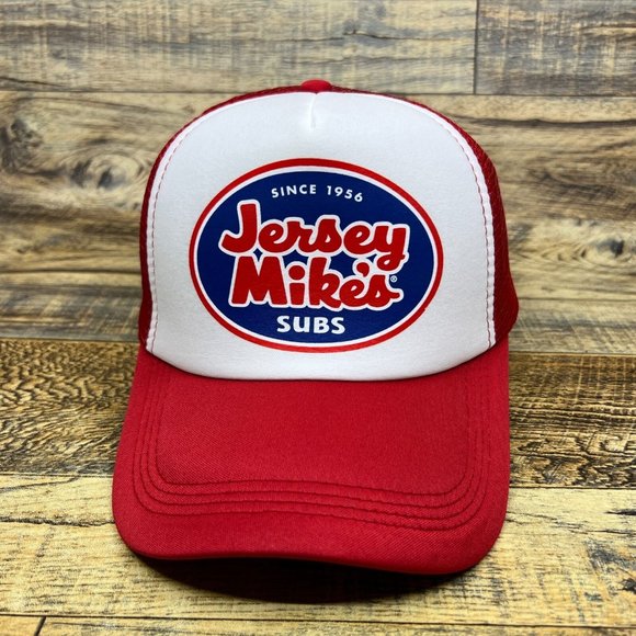 Jersey Mikes Subs Mens Trucker Hat Red Snapback Retro 1956 Logo Baseball Cap - Picture 2 of 8